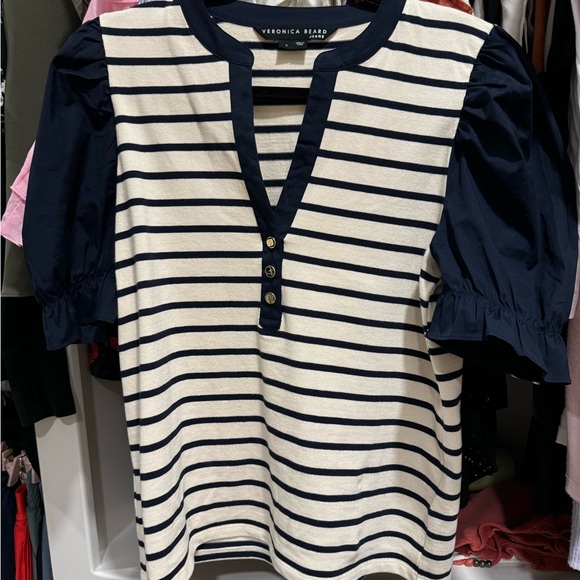 Veronica beard split neck puff sleeve top - Picture 2 of 3